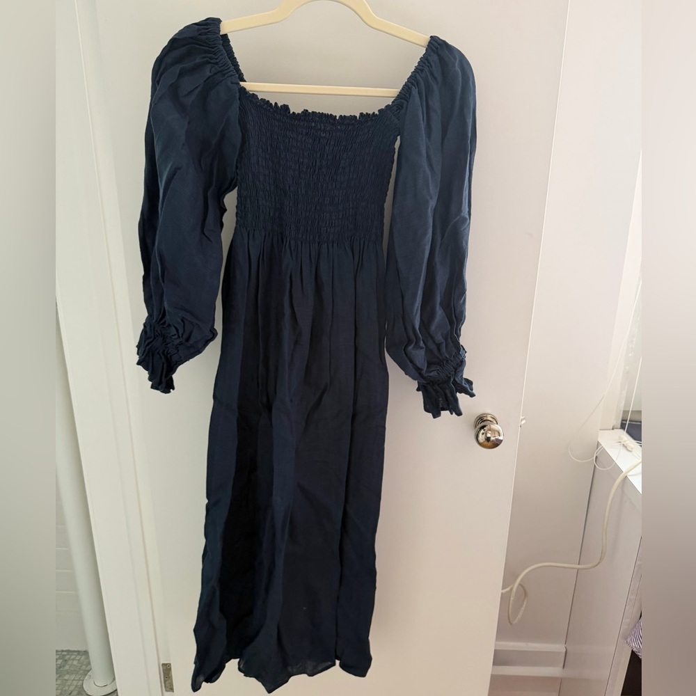 Sleeper Navy Blue Smocked Puff-Sleeve Maxi Dress